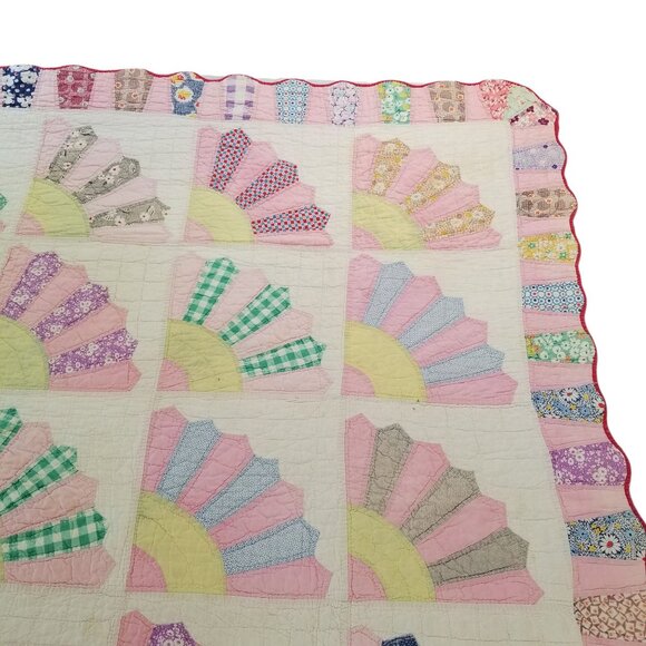 Vintage Quilt 1930s Fan Motif Handsewn w/20s-30s Cotton Fabrics - Picture 6 of 16